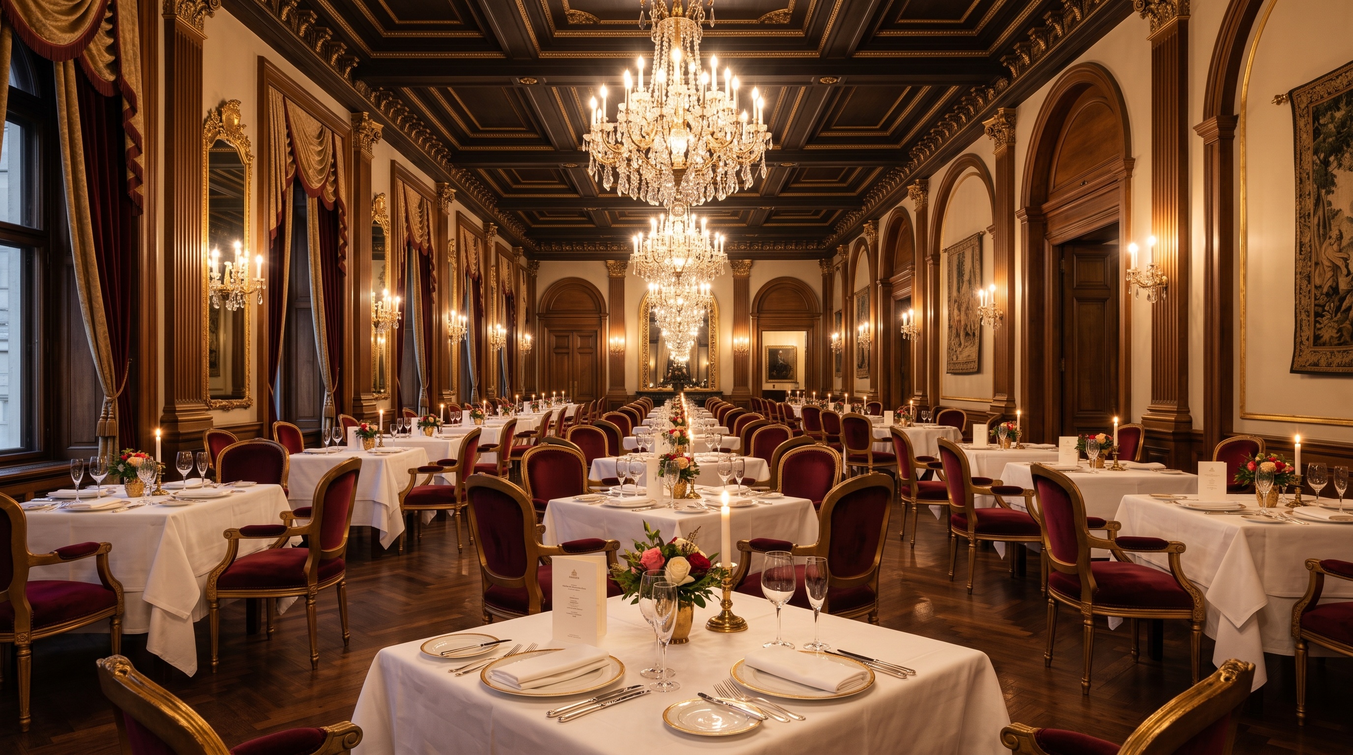 Elegancka sala restauracyjna z żyrandolami